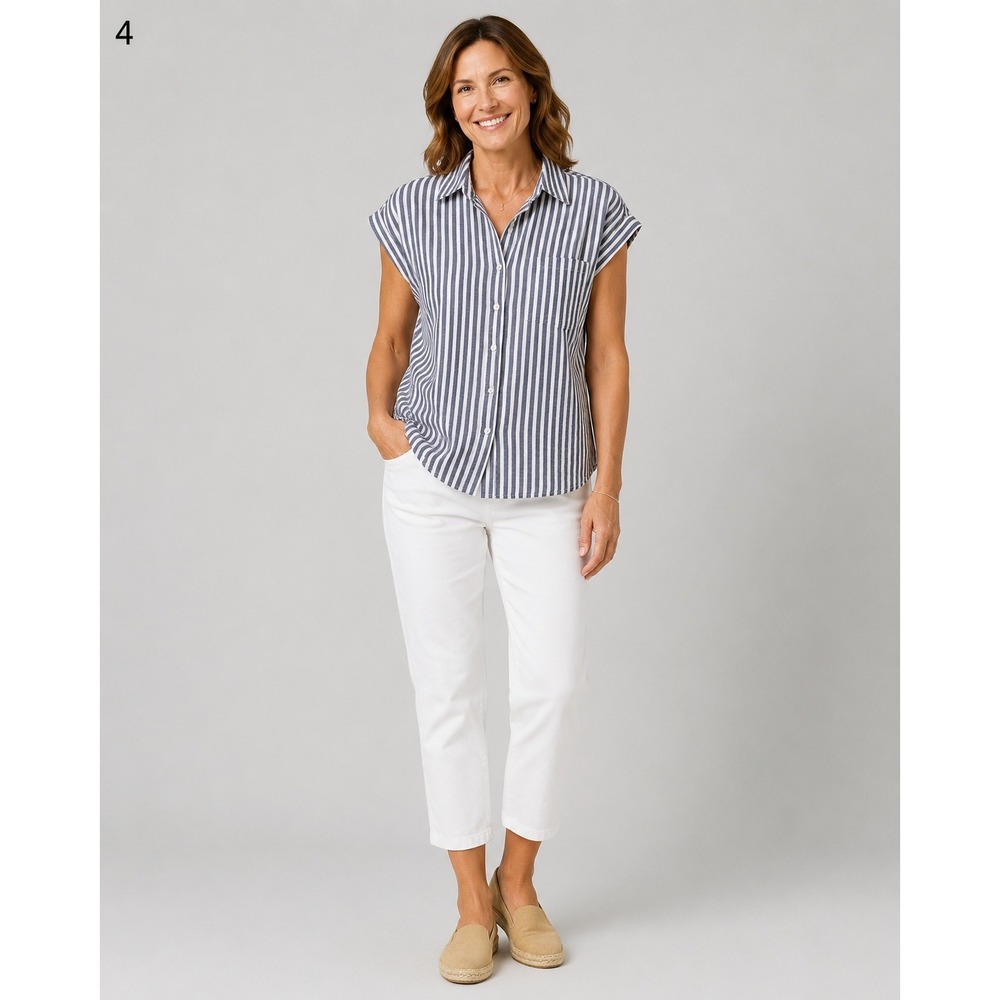 Orvis‎ Button Front Shirt Womens Small White Gray Stripe Linen Rayon Cap Sleeve